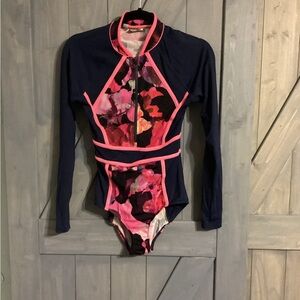 Athleta Women’s Sun Shield One Piece Rashguard Bodysuit - Navy and Pink Floral